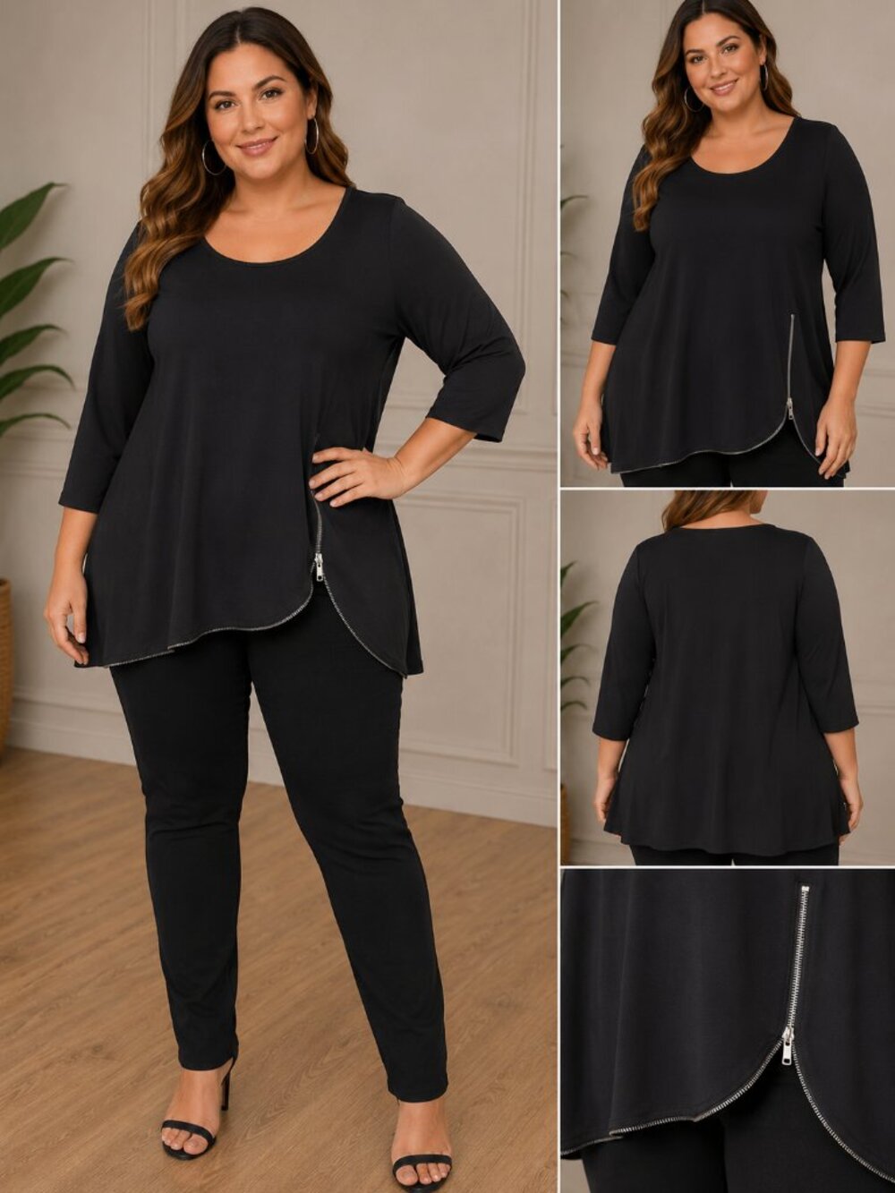 Black Asymmetrical Zip Tunic Top  Size  XX New without tags
